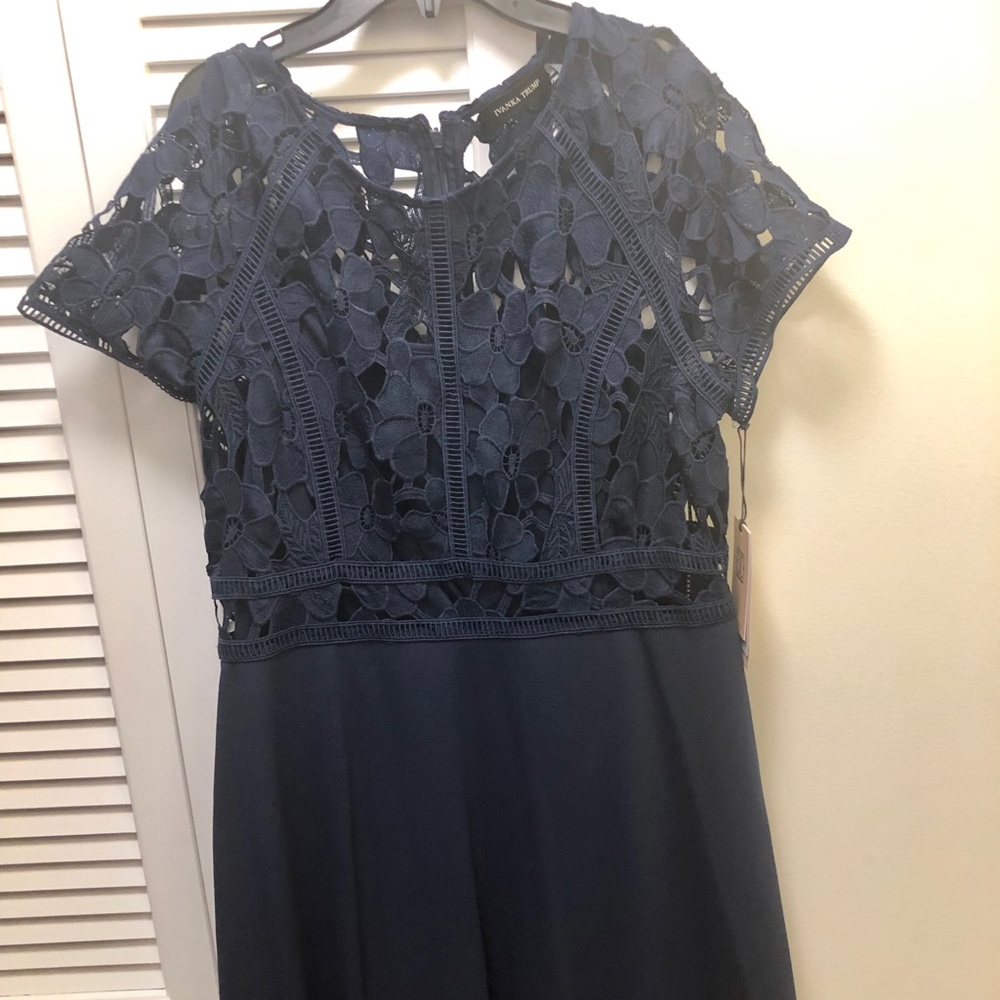 Navy Scuba Crepe Fit + Flare Lace Cap Sleevedress